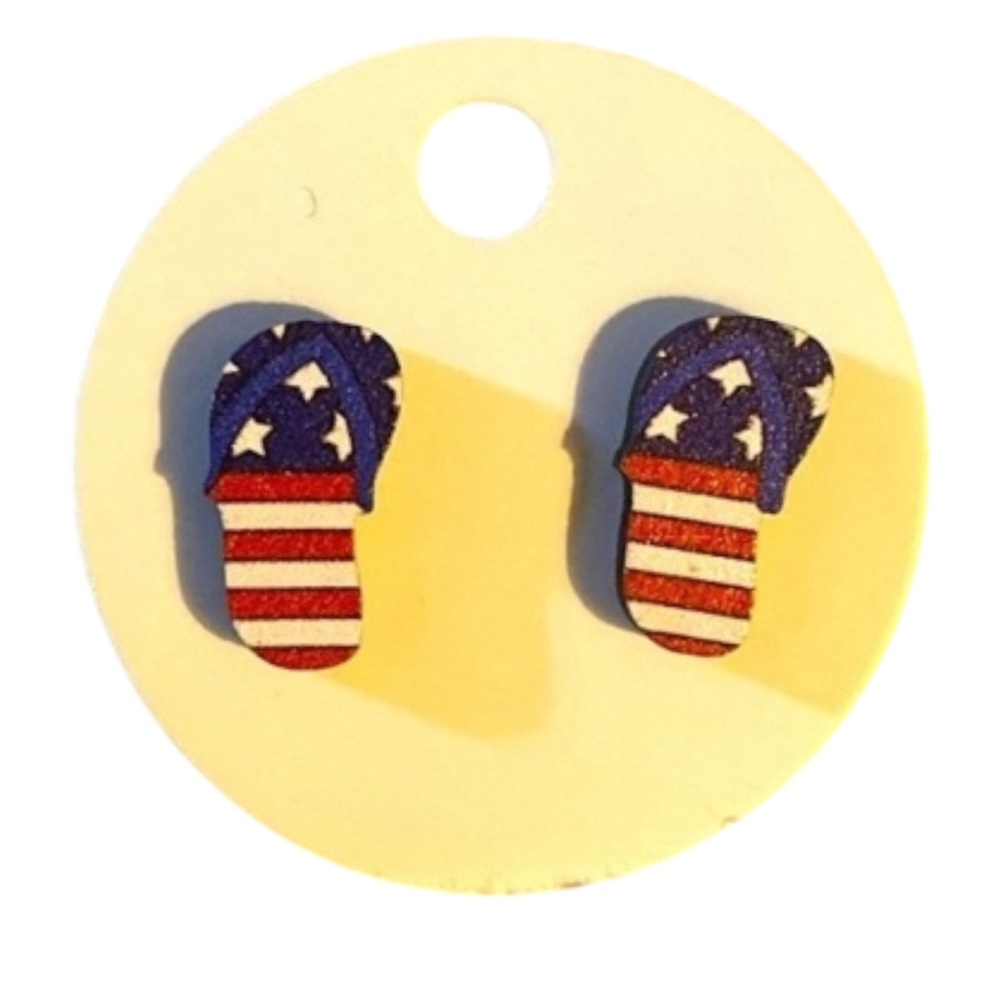 Americana Flip Flop Flag Earrings, Pierced, Wood, Stripe, Star, Geometric, New